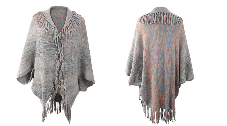 Autumn Winter New Shawl Cape Sweater Tassel Hem Color Cardigan for Women