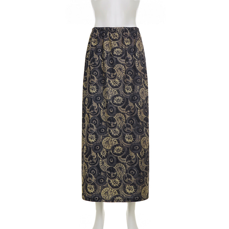 Ethnic Print Distressed Retro High Waist Cover Slimming Spring Summer Elegant Circle Maxi Skirt