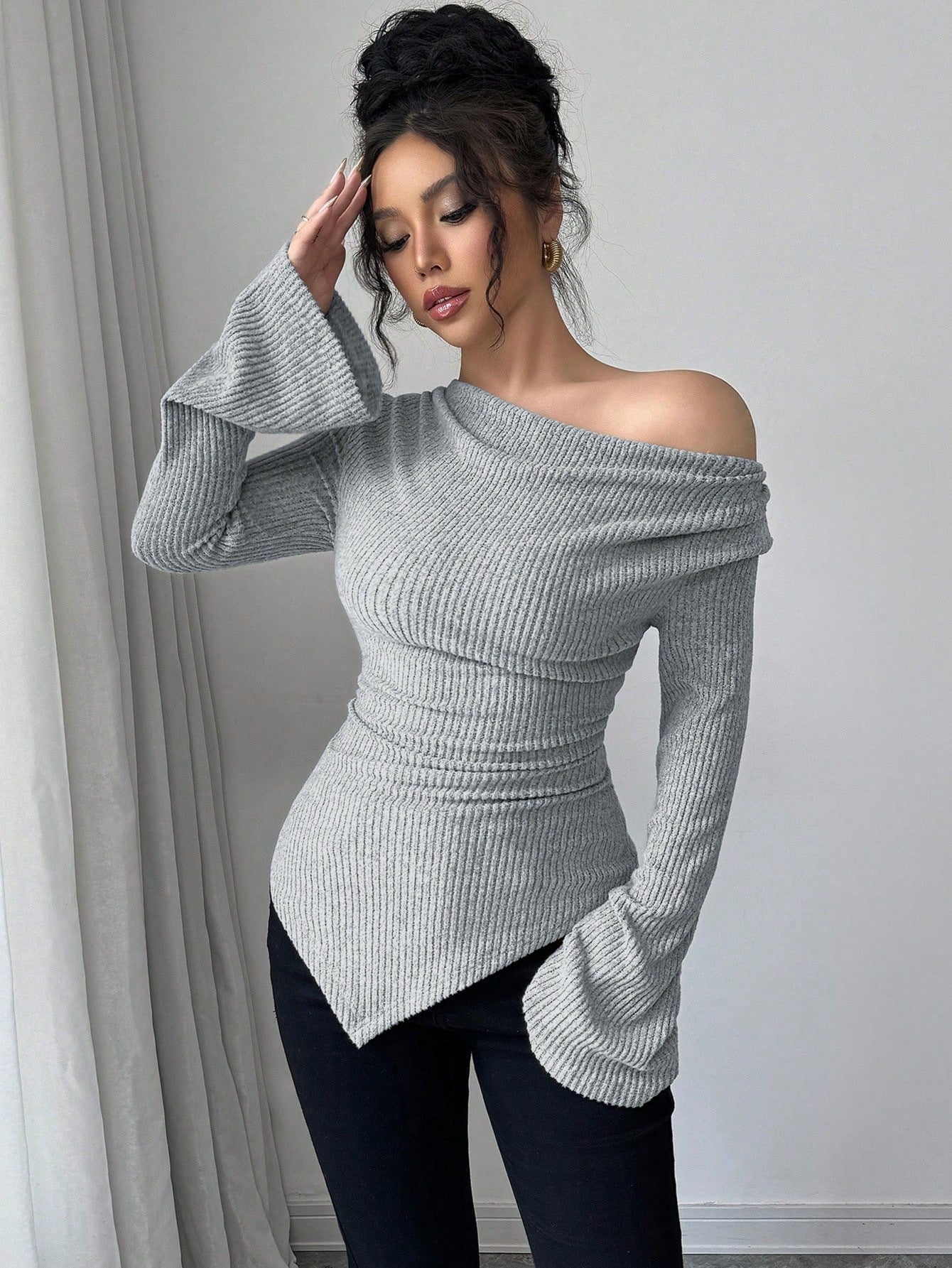 Autumn Winter Women Clothing Ribbing Bottoming Sweater off the Shoulder Slim Knitted Long Sleeved Top Office