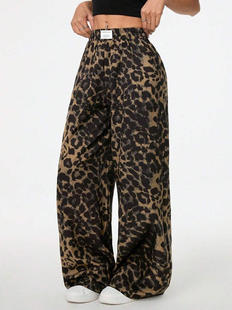 Women Winter Leopard Print Casual Pants Loose Elastic Waist Printed Wide Leg Trousers
