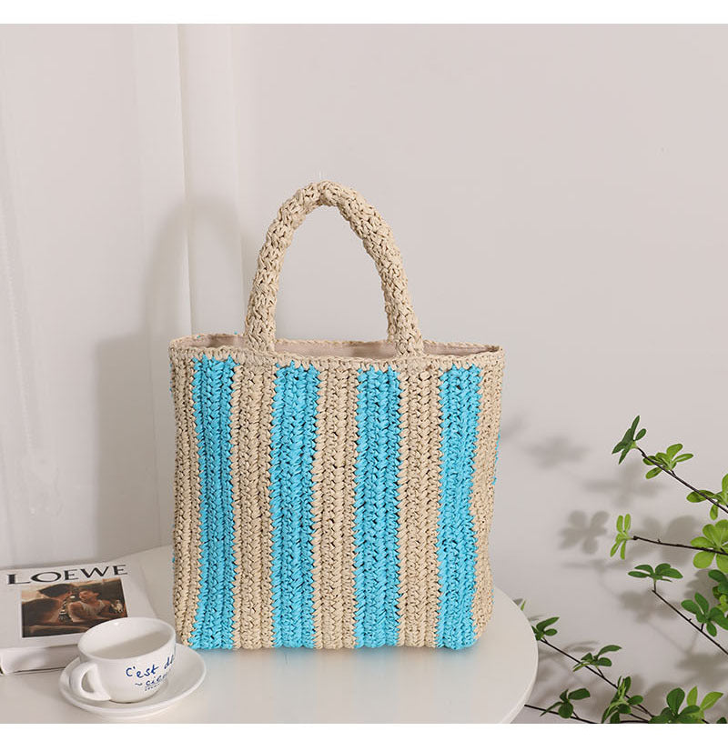Vertical Stripes French Straw Bag Portable Contrast Color Straw Bag Woven Bag Women's Bag Seaside Vacation Beach Bag