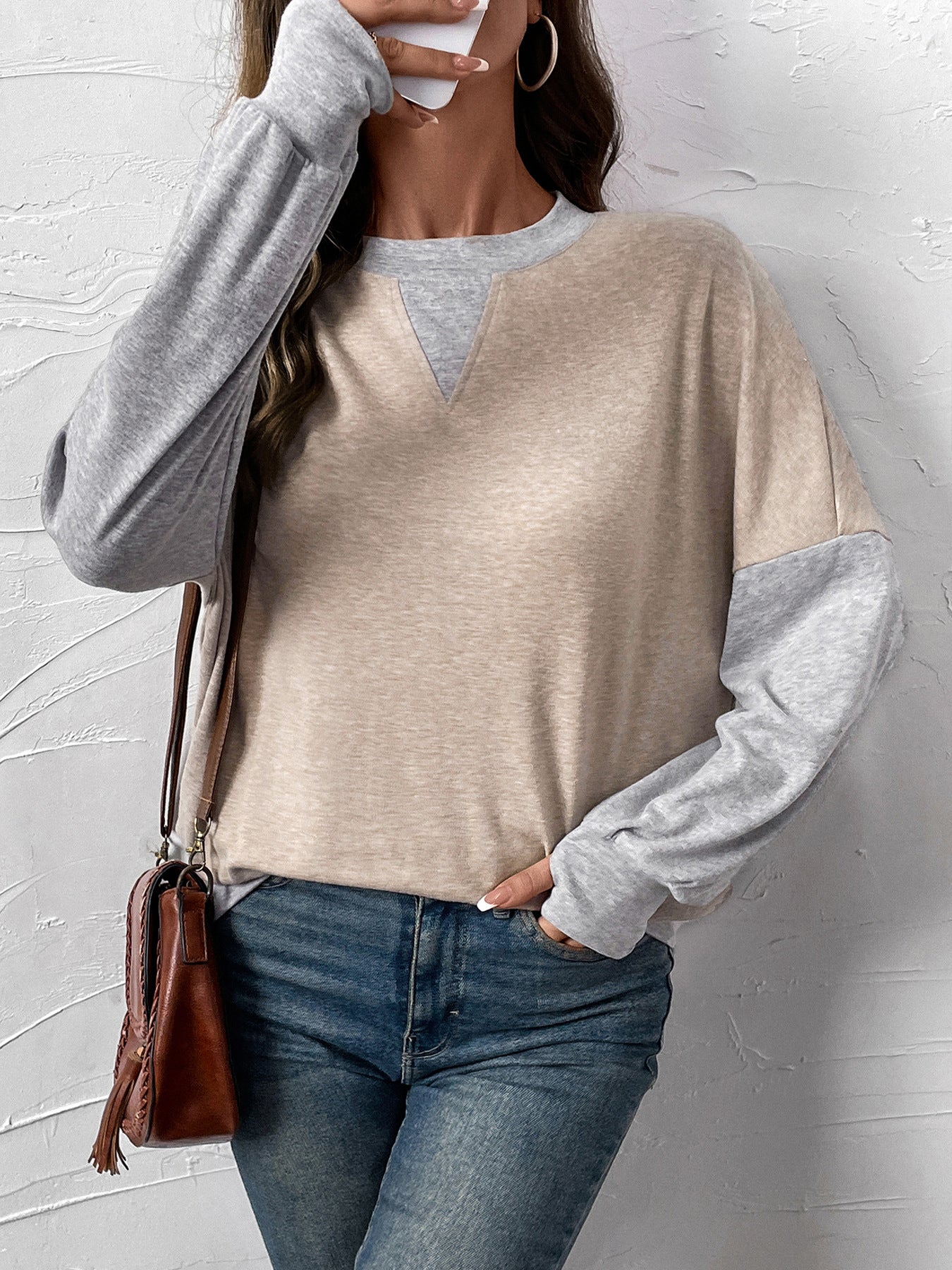Autumn Casual round Neck Long Sleeve Color Blocking Sweatshirt for Women