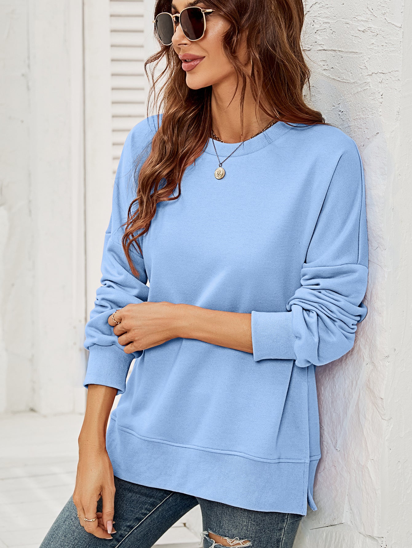 Women Clothing Autumn Winter Sweatshirt round Neck Long Sleeve Split Pullover for Women