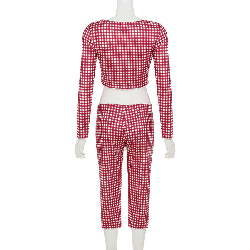 Plaid Drawstring Long Sleeved Top Slim Fit Fifth Pants Middle Pants Sets Pajamas Home Casual Two Piece Sets Women