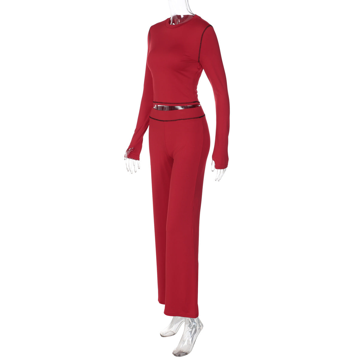 Women Clothing Winter Long Sleeve round Neck Solid Color Slim Fit Reverse Stitching Trousers Two Piece Set