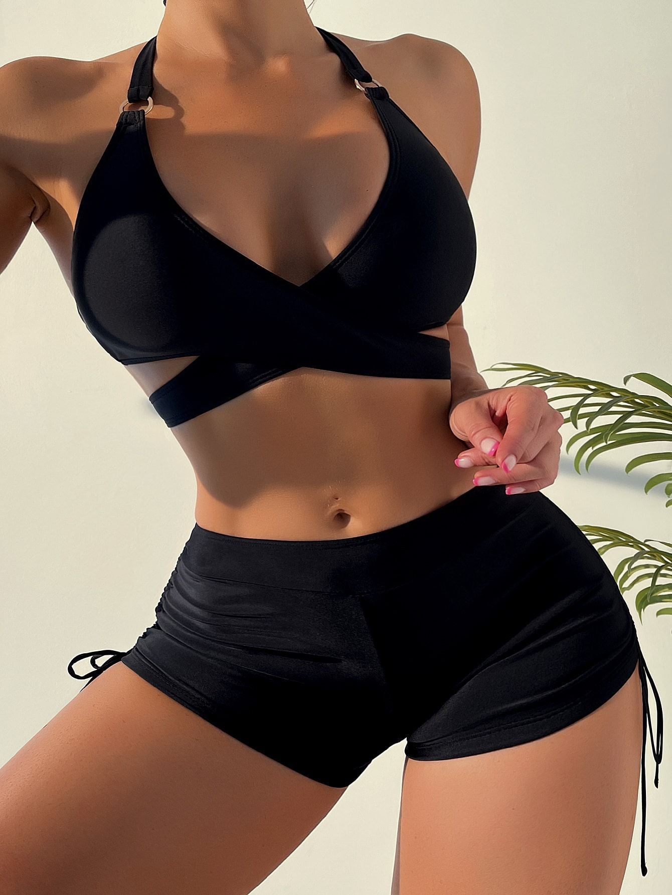 Summer Split Swimsuit Women Solid Color Multi Color Hollow Out Cutout out Halter Tied Swimsuit Bikini