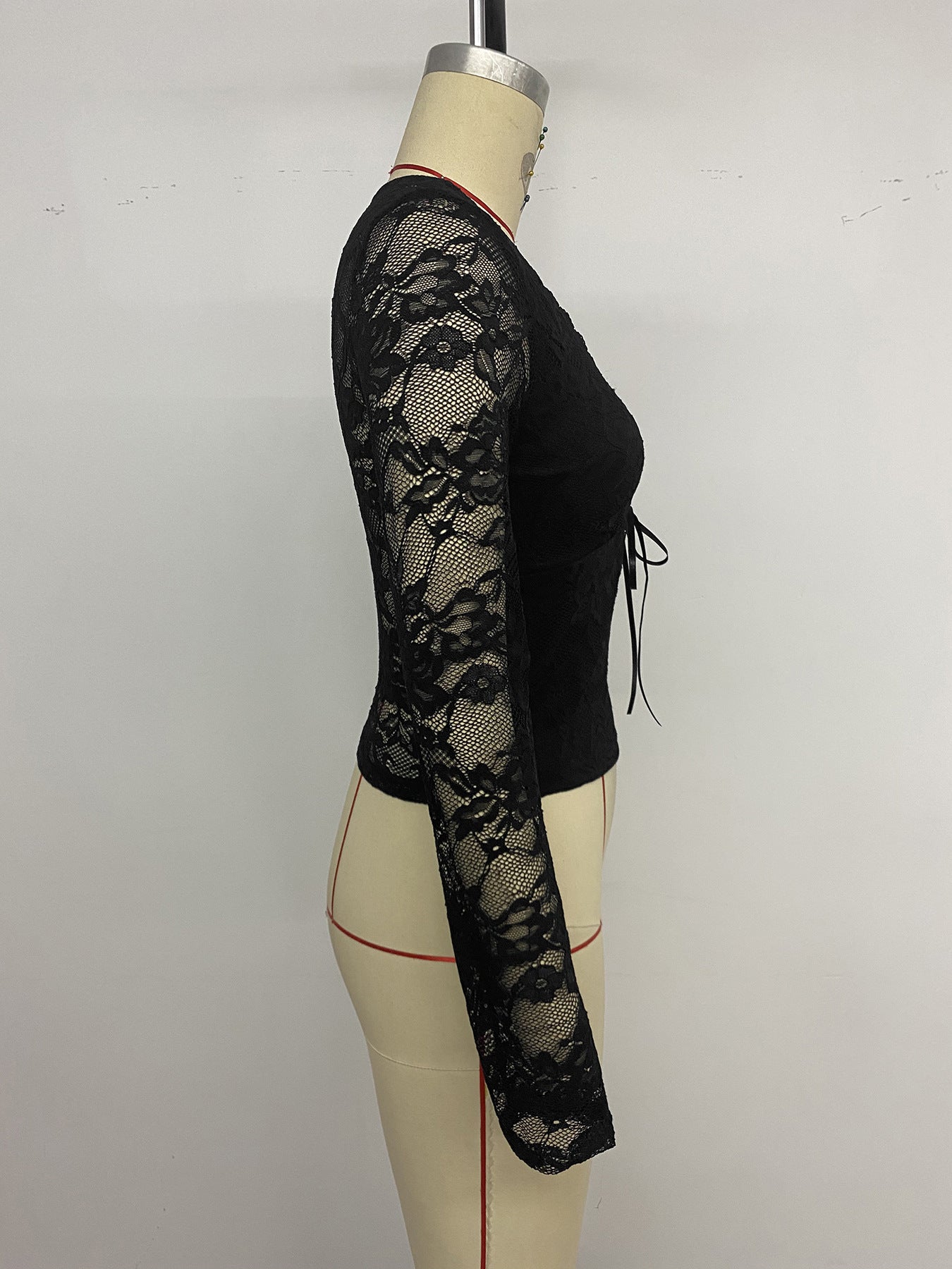 Elegant Sexy Back See through Lace Deep V Plunge neck Long Sleeve Black Top for Women