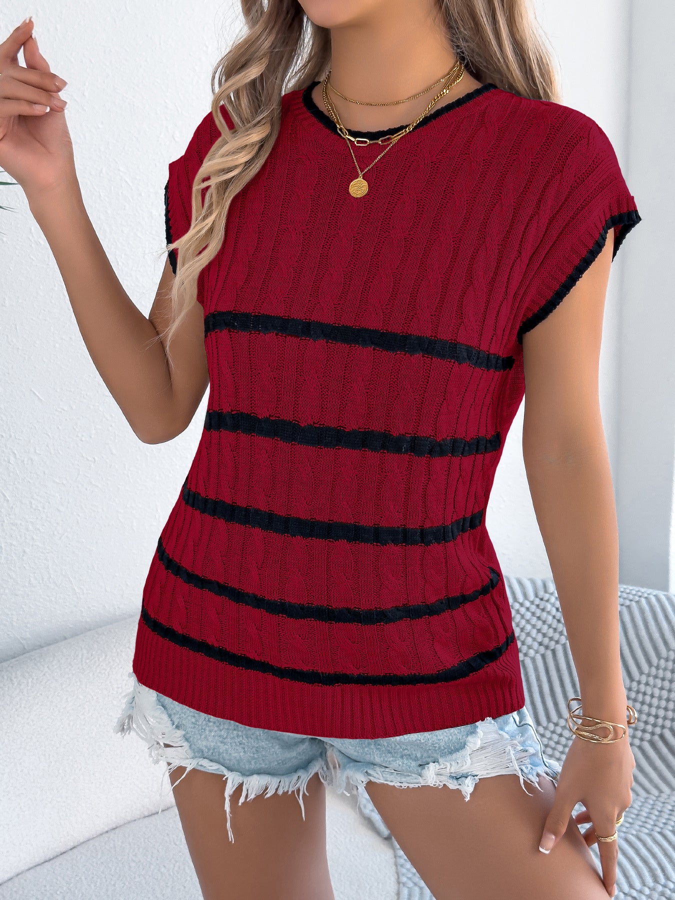 Spring Summer Striped Twist Casual Loose Knitwear Holiday Top Women Clothing