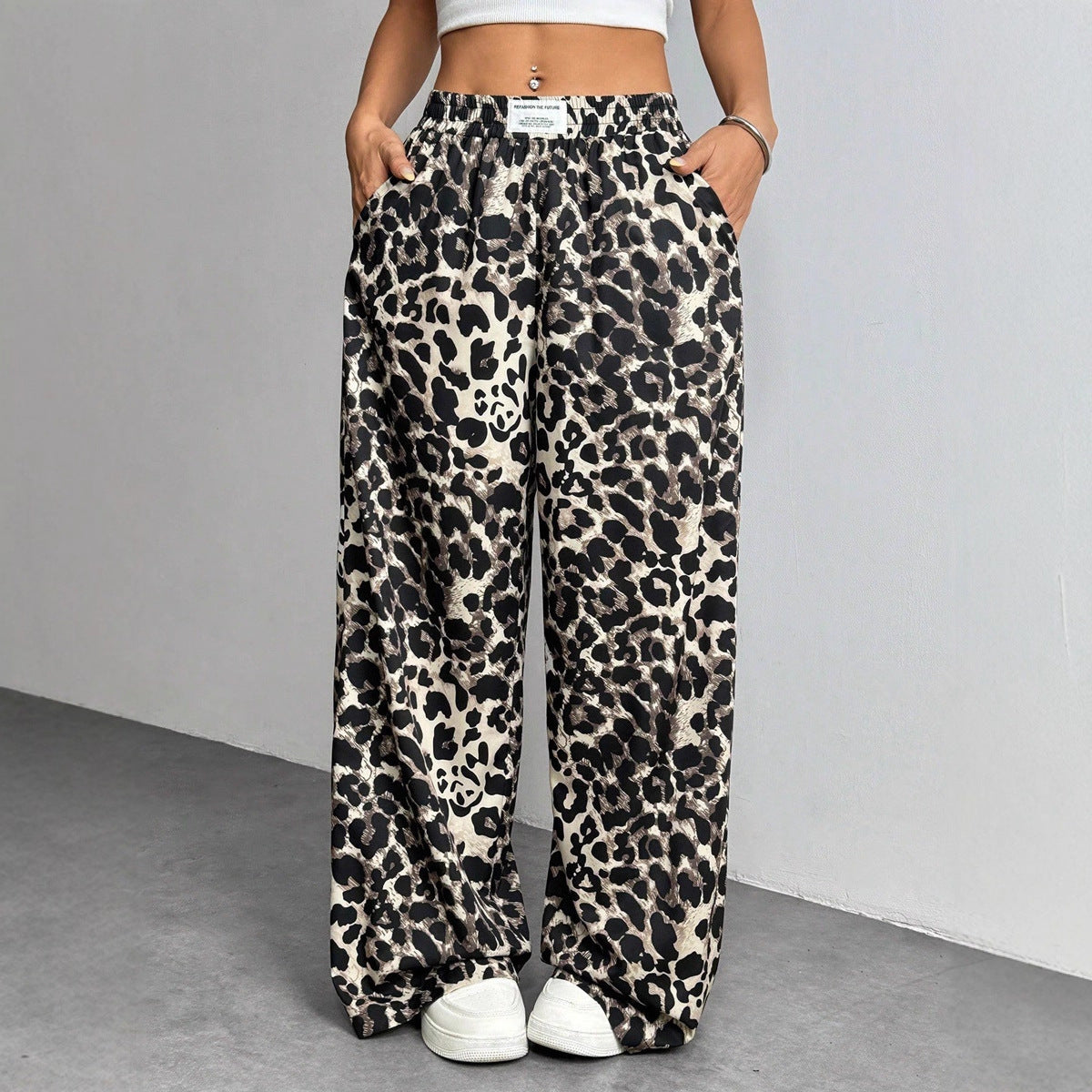 Women Winter Leopard Print Casual Pants Loose Elastic Waist Printed Wide Leg Trousers
