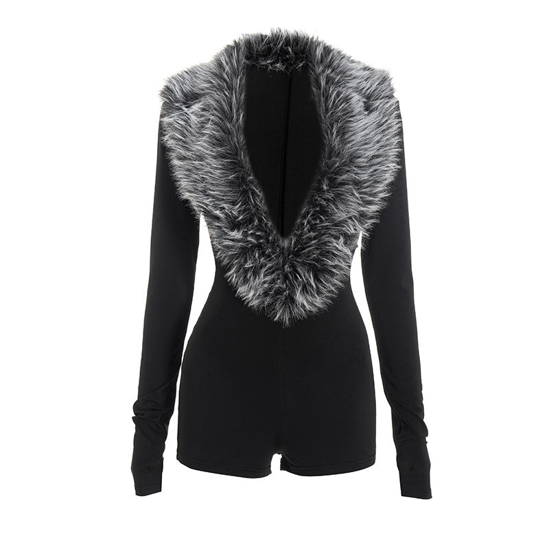 Women Clothing Autumn Winter Elegant Fur Collar Deep V Plunge Long Sleeve Tight Fitting Solid Color Elegant Romper