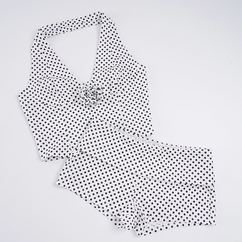 Printed Polka Dot Three Dimensional Floral Two Piece Sets Sexy Sexy Halter Vest Waist Shorts