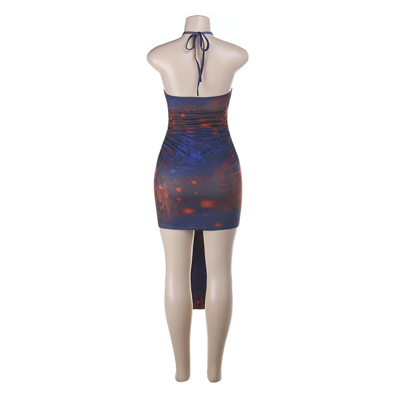 Sexy Backless Waist Trimming Halter Cut out Printed Sheath Dress
