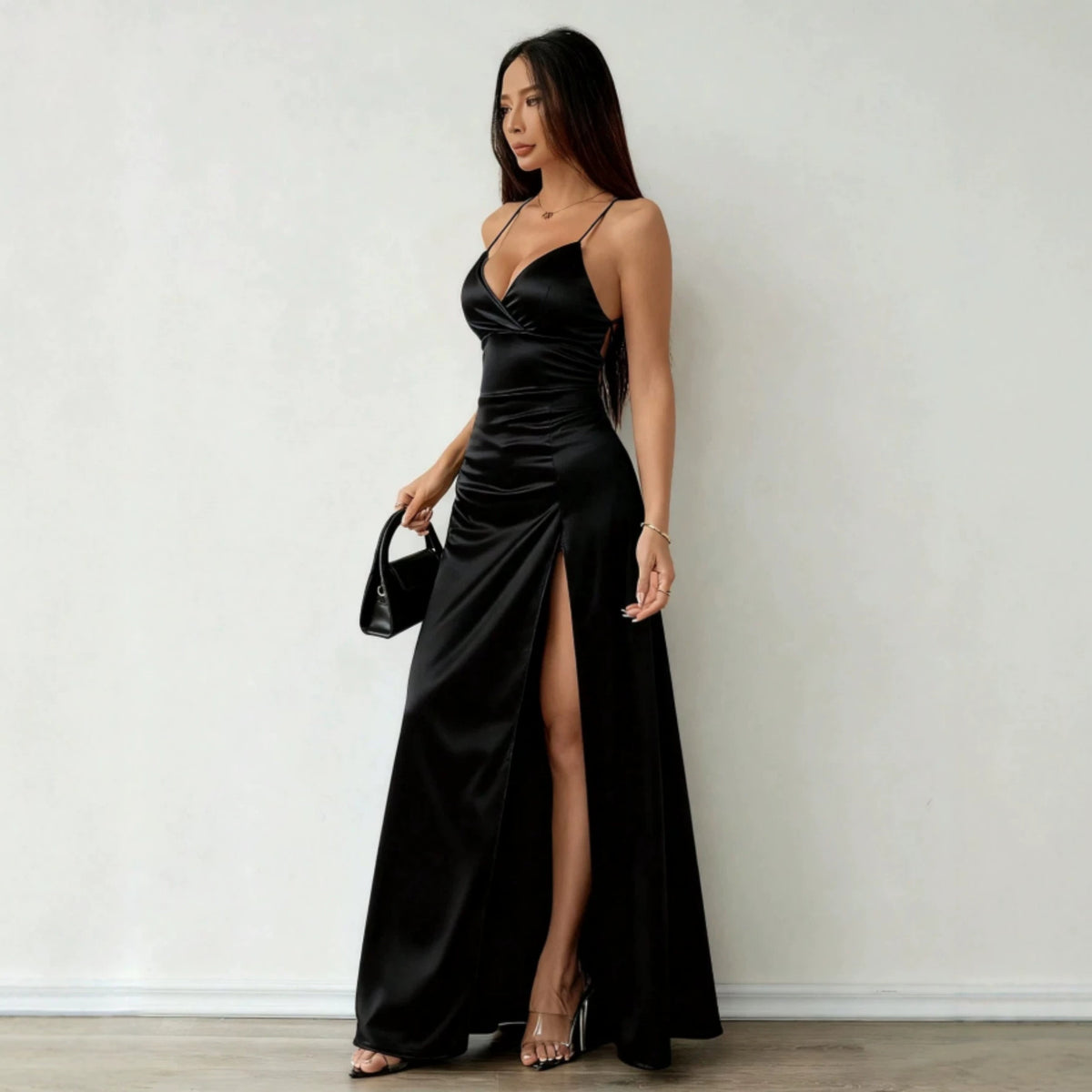 Popular Elegant Sexy Party Dress Solid Color Satin Cross Back High Slit