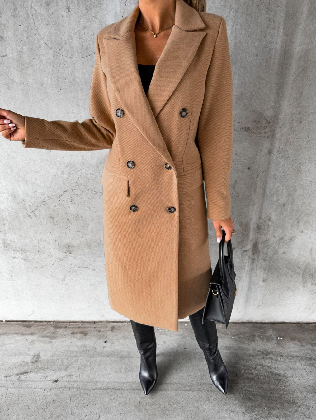 Autumn Winter Women Clothing Long Sleeve Polo Collar Solid Color Double Breasted Slim Fit Coat Overcoat