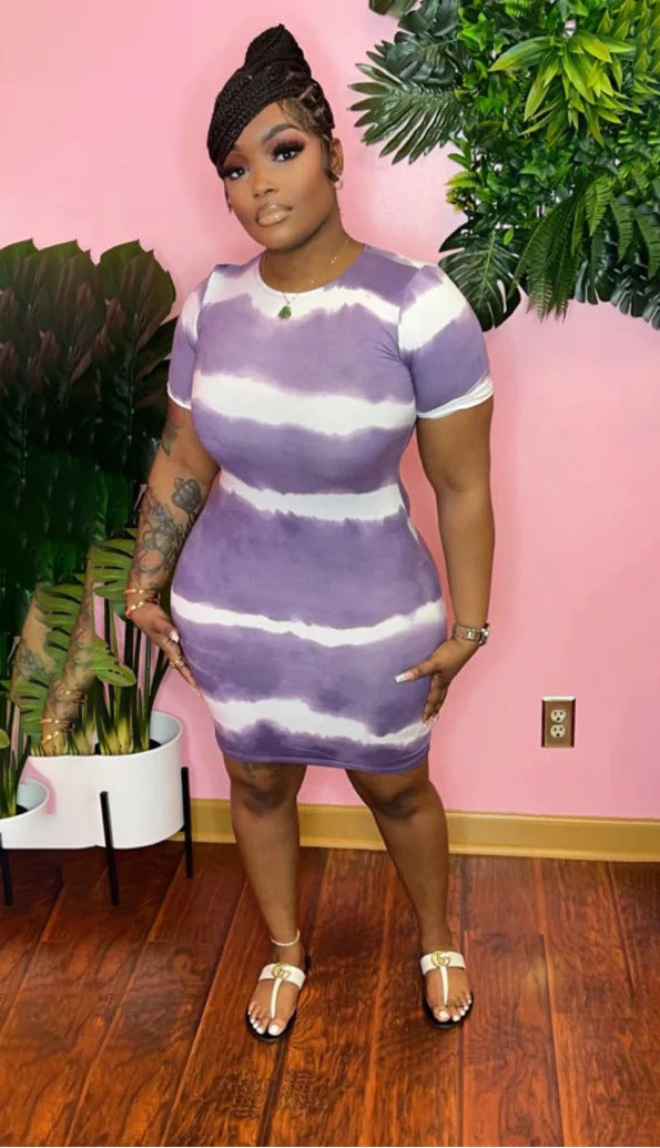 Plus Size Women Clothing Internet Celebrity Type Classic Tie Dye Printed Sheath Dress