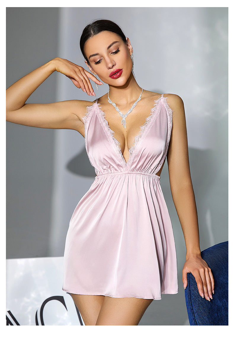 Satin Lace Deep V Plunge Nightdress Backless Strap Short Lady Sexy Homewear