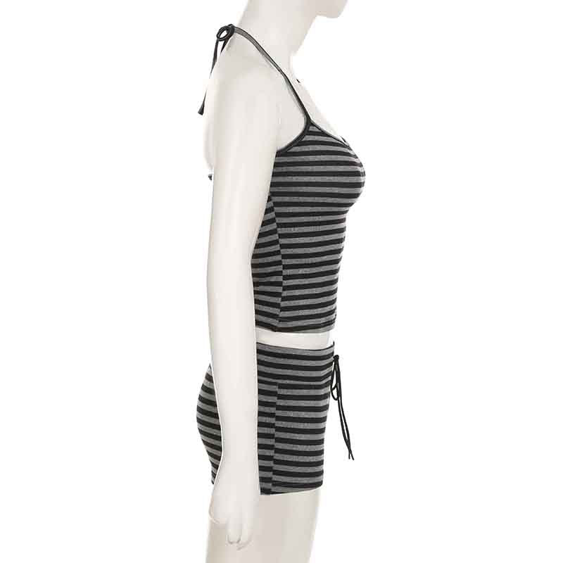 Sports Casual Slim Fit Sexy Home Wear Halter Spaghetti Straps Top Drawstring Shorts Striped Two Piece Sets