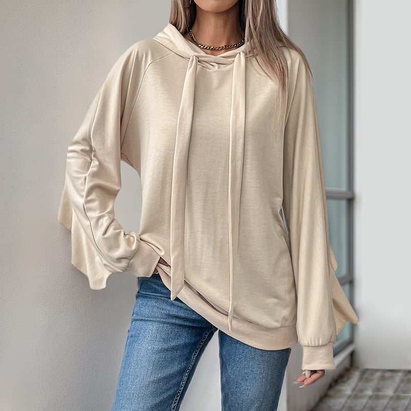 Hoodie With Drawstrings Ruffled Long Sleeve Pocket Solid Color Hoodie Autumn Winter Women