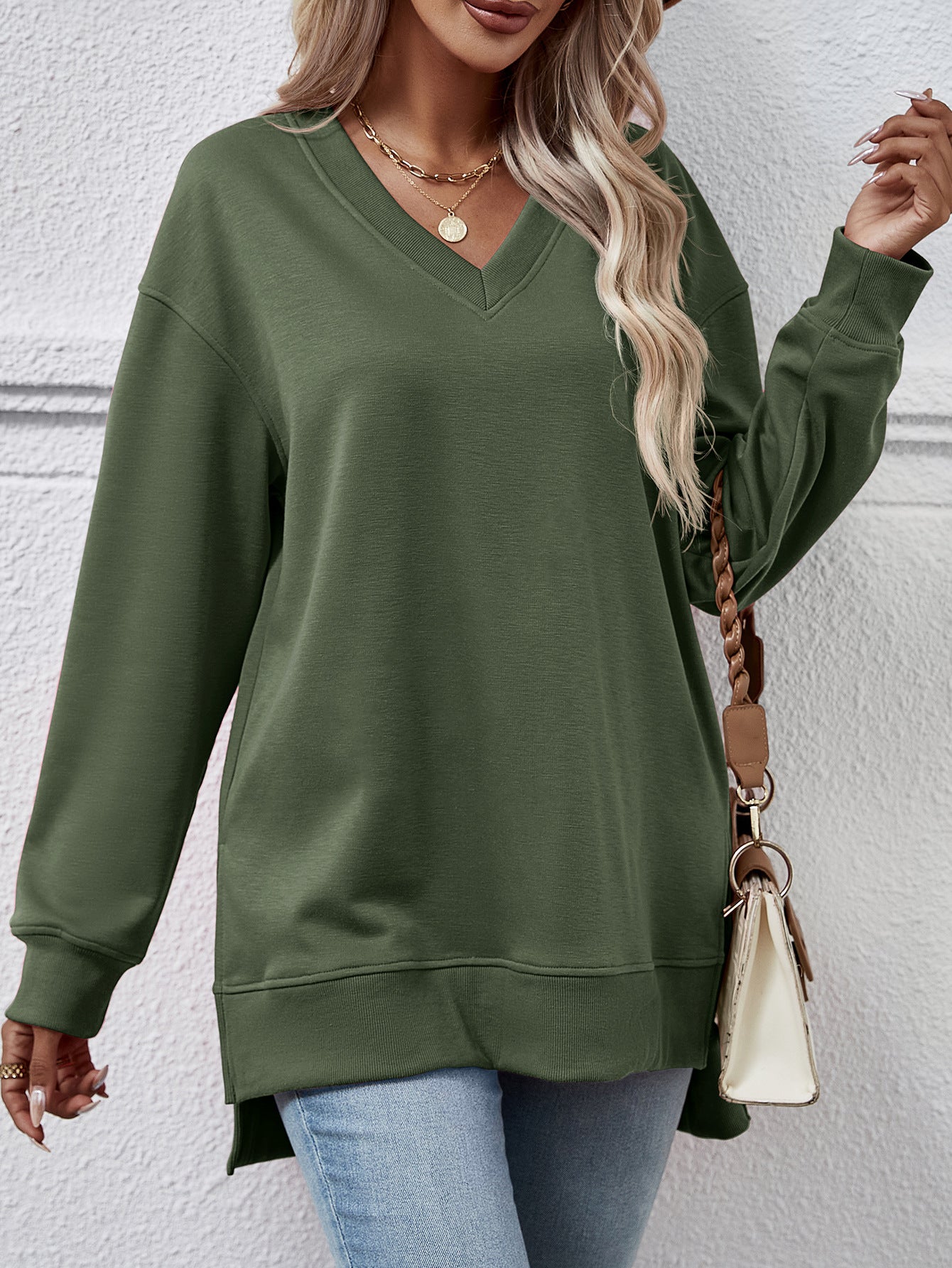 Autumn Winter Women Clothing Sweatshirt Solid Color V Neck Split Front Short Back Long Blouse