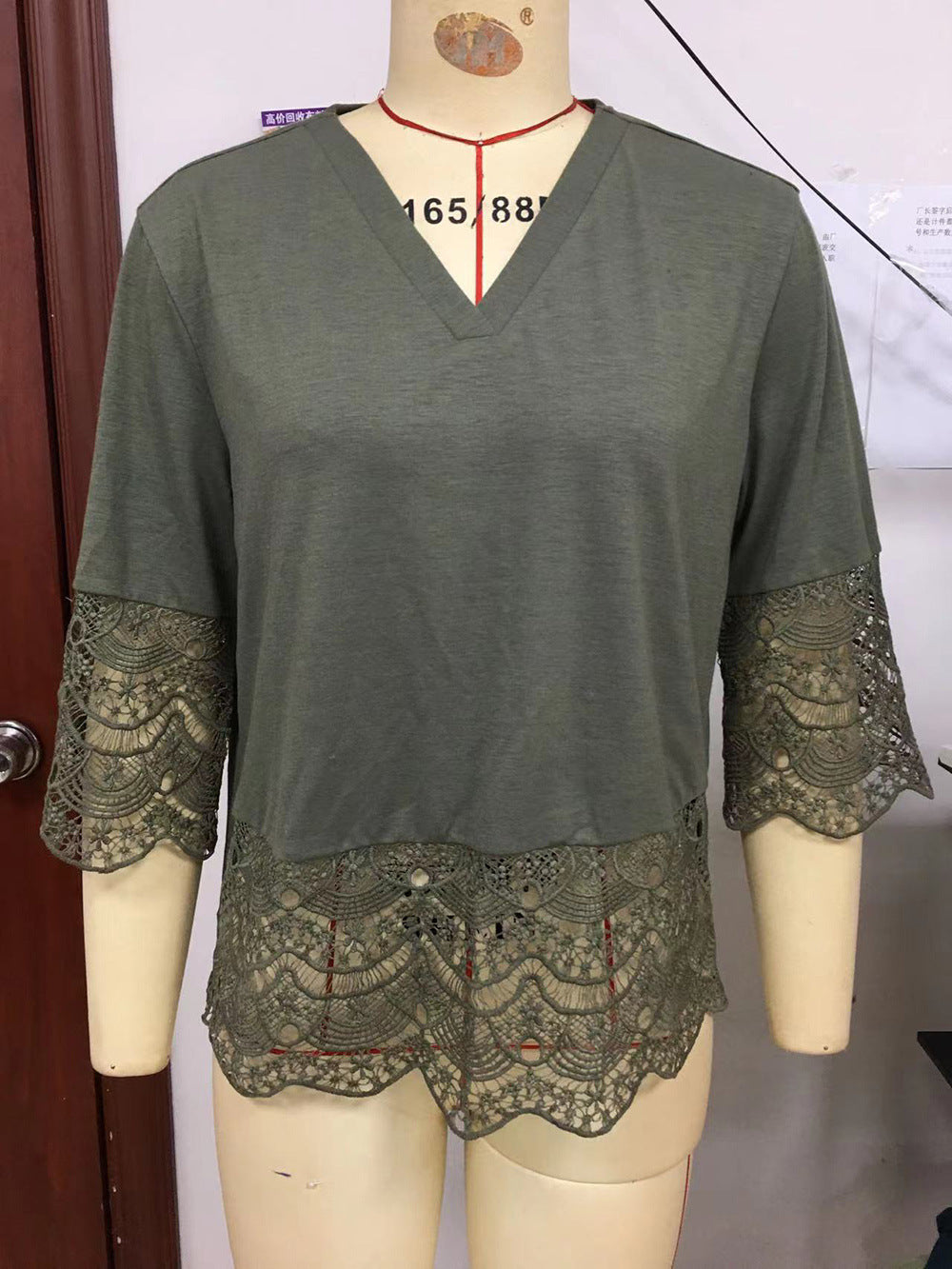 Women Clothing Cutout Lace Stitching Half Sleeve Sexy V neck T shirt Women