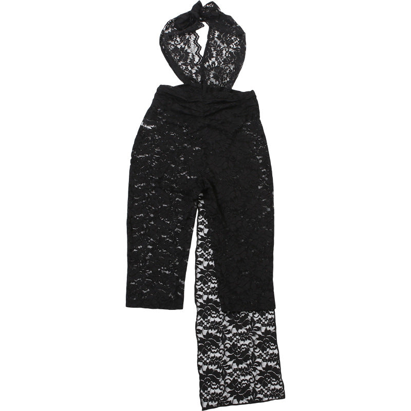 Autumn Winter Women Sexy Lace Halter Backless Ribbon High Waist Jumpsuit