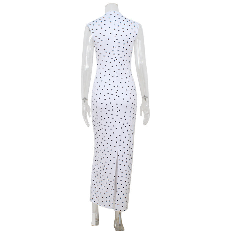 Women Clothing French Classical Cheongsam Slim round Neck Sleeveless Slimming Polka Dot Print Dress Women