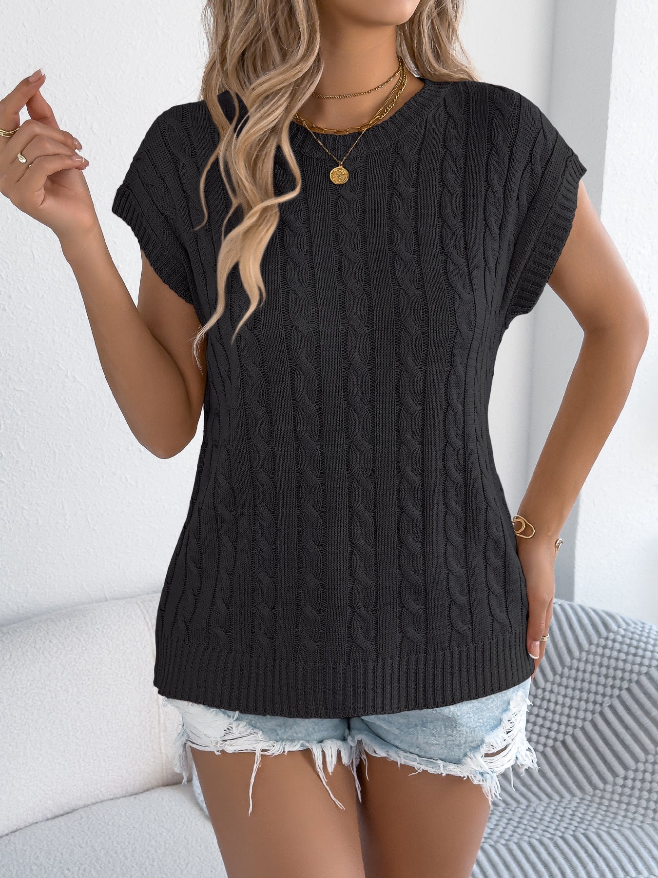 Women Clothing Spring Summer Solid Color Twist Casual Loose Batwing Sleeve Knitwear Top
