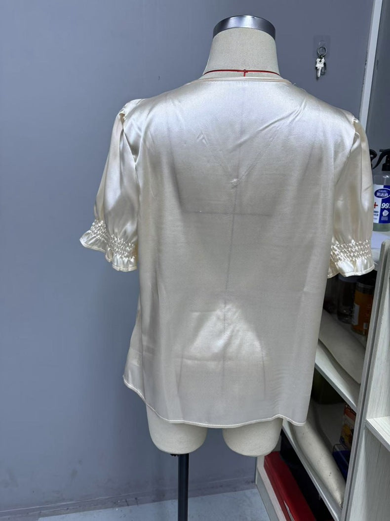 Satin V neck Buttons Shirt Spring Autumn French Casual Short Sleeve Ruffle Blouse