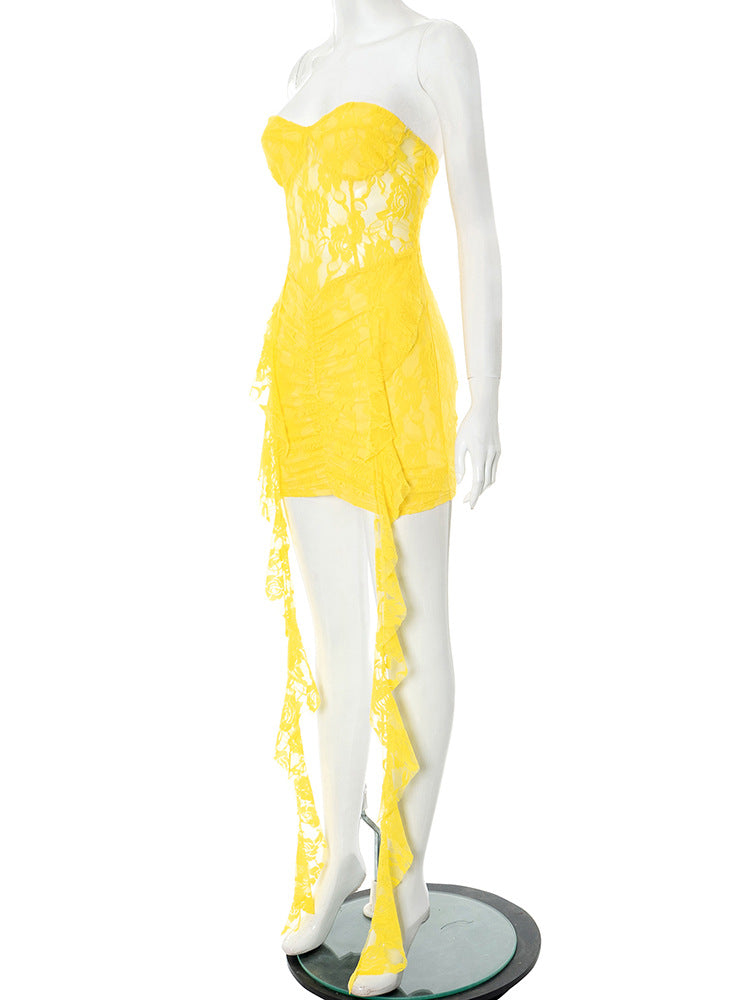 Women Clothing Sleeveless Backless Lace Ribbon Ruffled Skinny Sheath Short Dress
