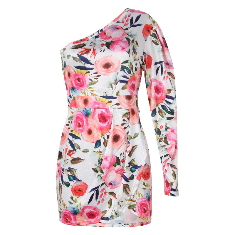 Spring Summer Women Clothing Printed One Shoulder Hip High Waist Slim Fit Dress