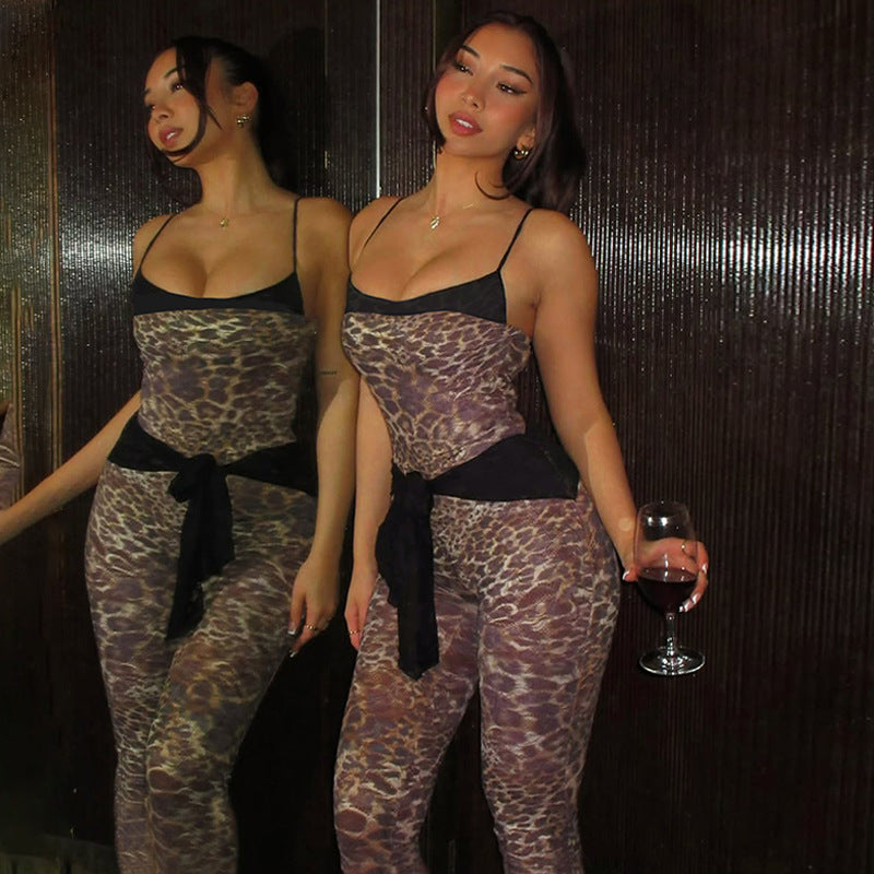 Women Clothing Winter Leopard Print Printed Mesh Lace up Slim Strap Jumpsuit Women