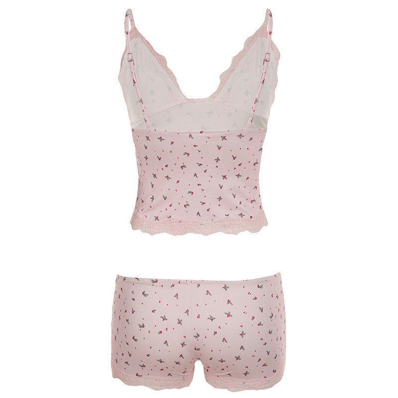 Casual Homewear Small Floral Lace Sexy Camisole Shorts Pajamas Two Piece Set