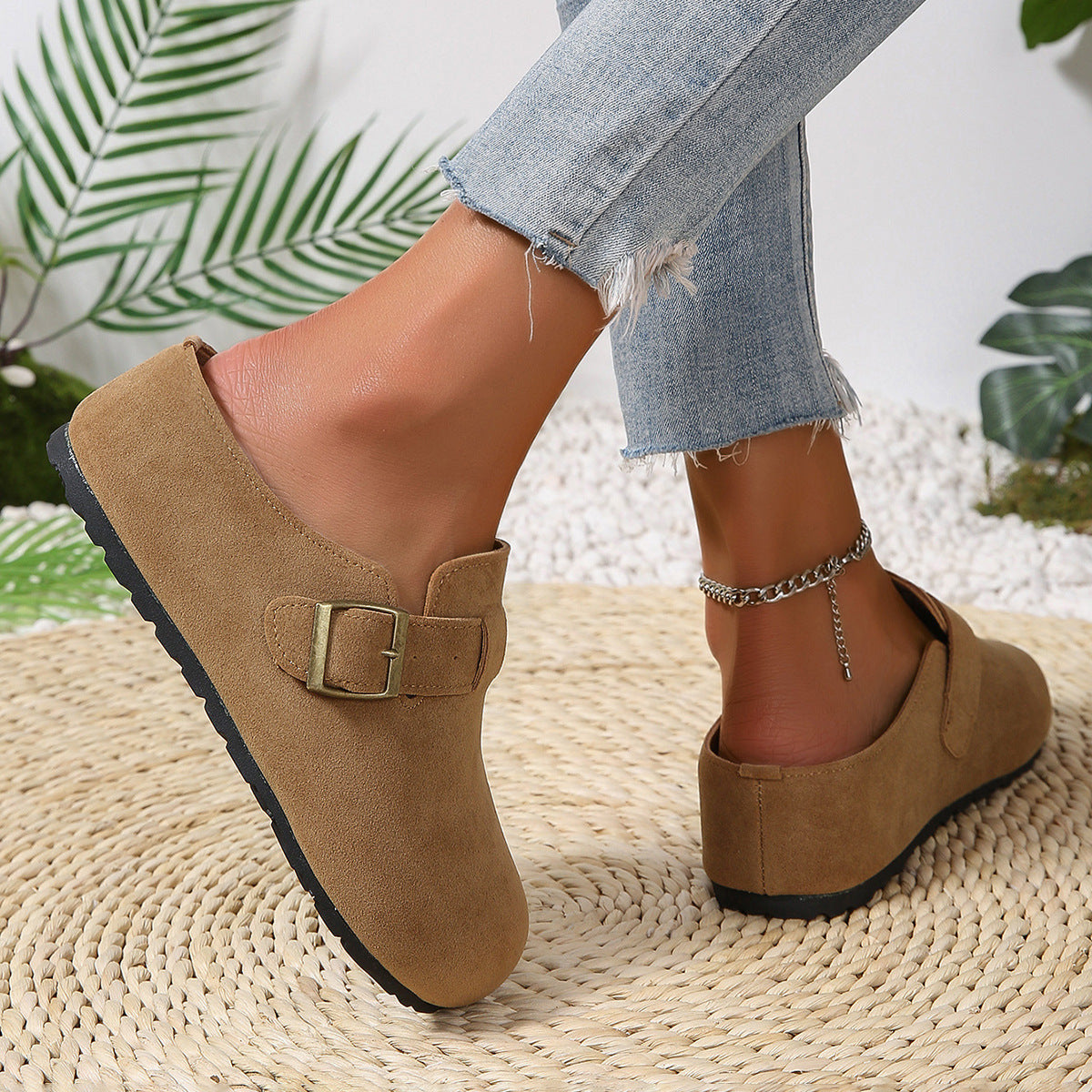 Belt Buckle Closed Toe Birkenstock Half Slippers Women Outer Wear French Slip on Thick Bottom Back Open Shoes