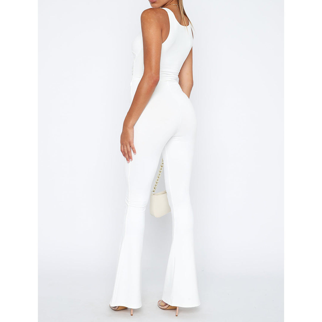 Women Clothing Solid Color Slimming Hollow Out Cutout Twist One Piece Bell Bottom Pants Jumpsuits