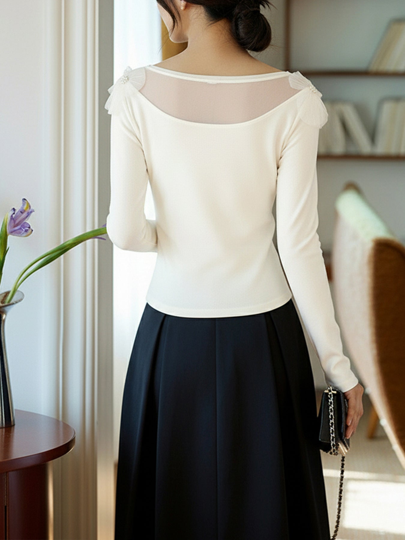 Spring Autumn Elegant Office Slim Fit Three Dimensional Floral Mesh Stitching Solid Color Top Women