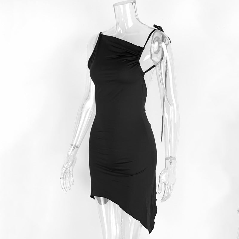 Women Clothing Summer Sexy Backless Irregular Asymmetric Pleated Straps Diagonal Collar Dress