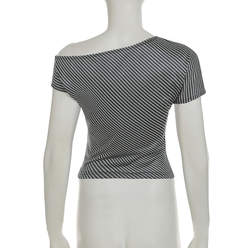 Striped Diagonal Collar Short Sleeved Top Summer Sexy Personality Shoulder Baring Irregular Asymmetric T shirt