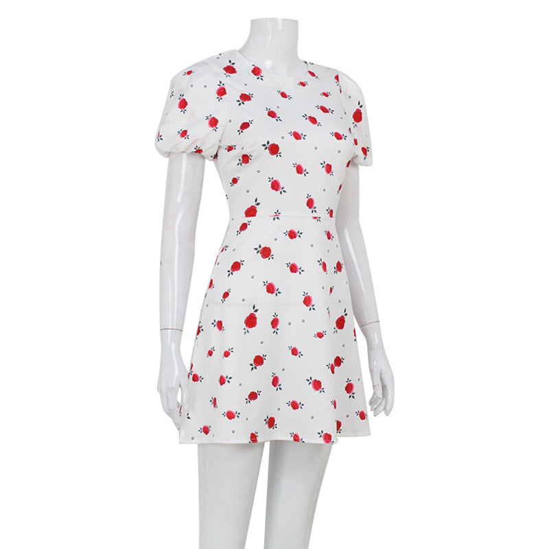 Summer Fresh Sweet Puff Sleeve Small High Waist Floral Dress Slim A Line Dress