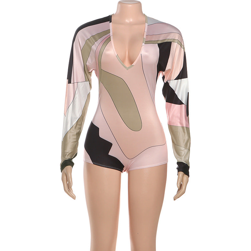 Autumn Winter Women Sexy Slim Deep V Plunge neck Long Sleeve Contrast Color Sexy Rompers