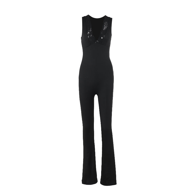Fall Street Sexy V neck Lace One Piece Bell Bottom Pants