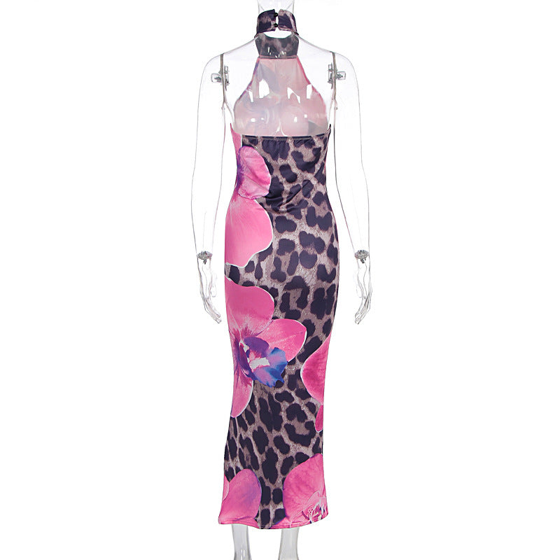 Summer Women Clothing Sexy Leopard Print round Neck Backless Slim Fit Sheath Dress
