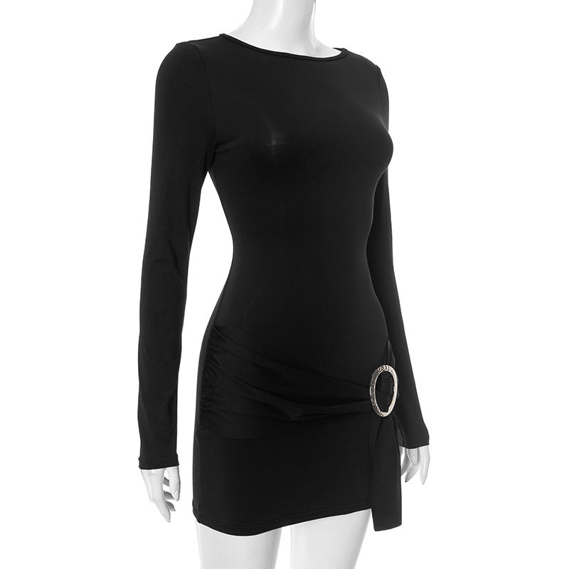 Women Clothing Summer Sexy Sexy Long Sleeve Narrow Solid Color Dress