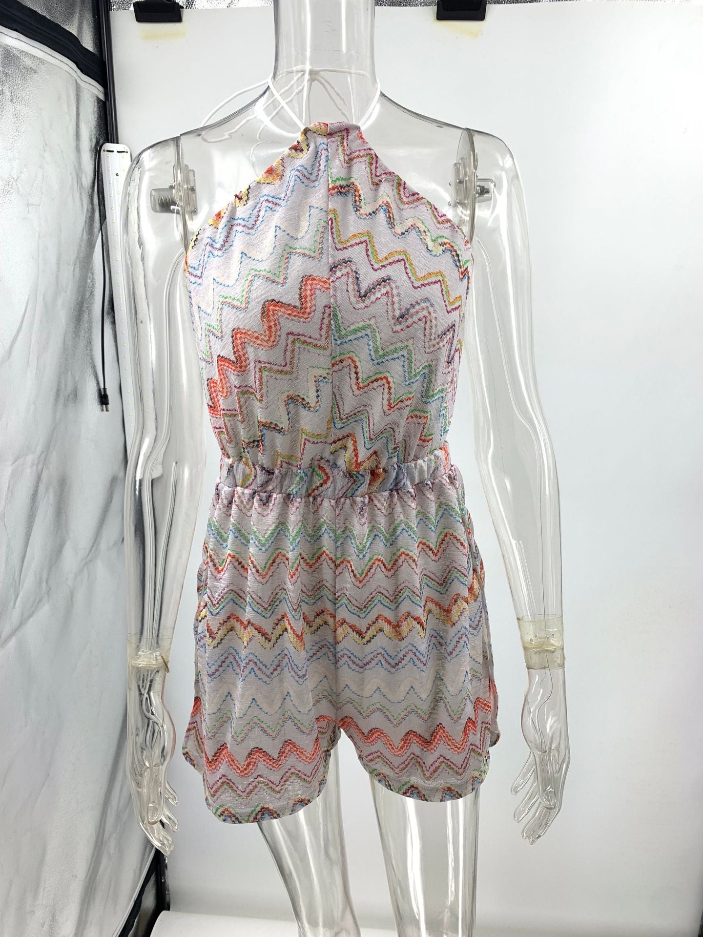 Summer Sexy Printed Color Wave Backless Halter Split Jumpsuit