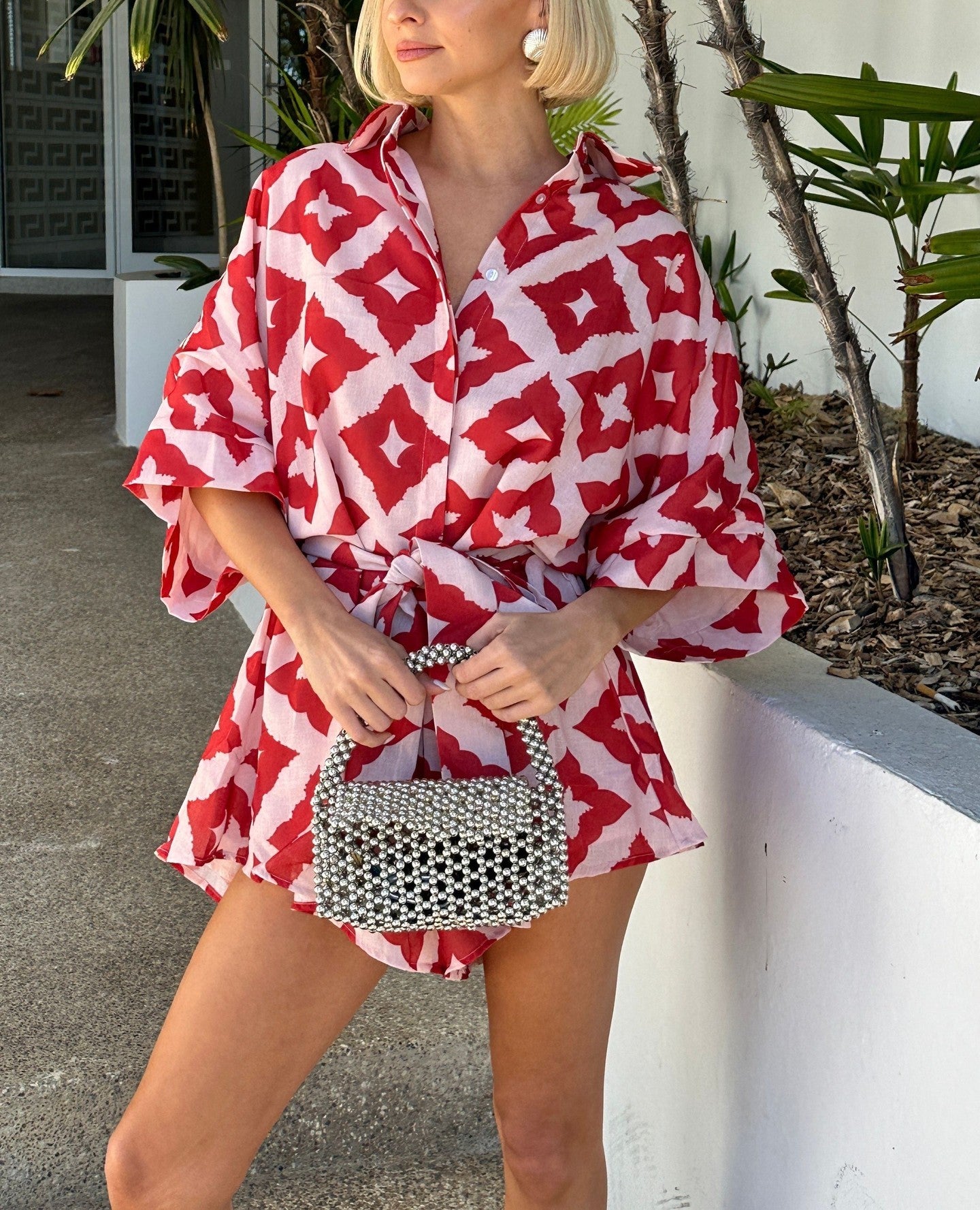 Loose Casual Print Lace Up Jumpsuit Shorts Women