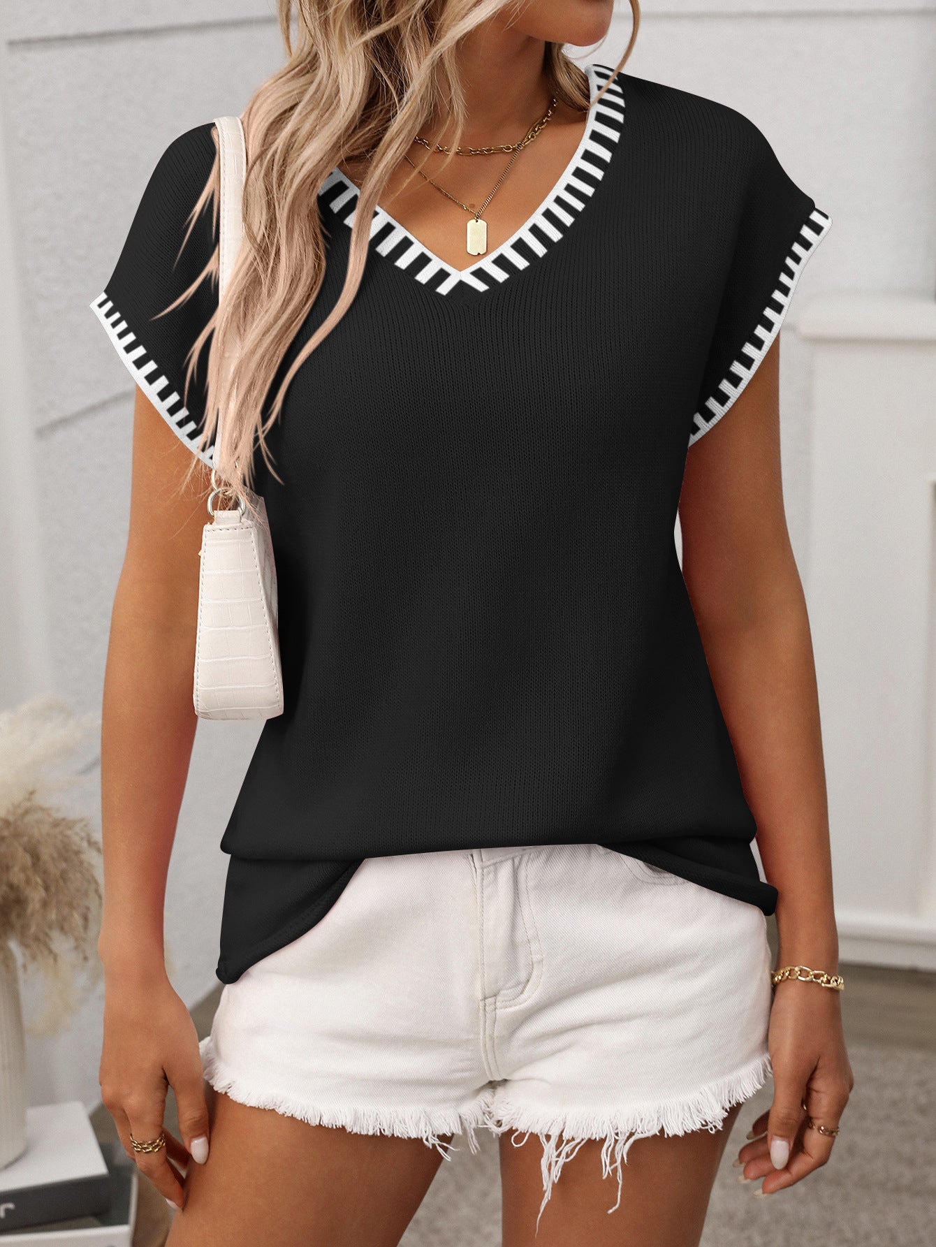 Summer Women Clothing Pullover Short Sleeve V neck Short Sleeve Striped Knitted Sweater