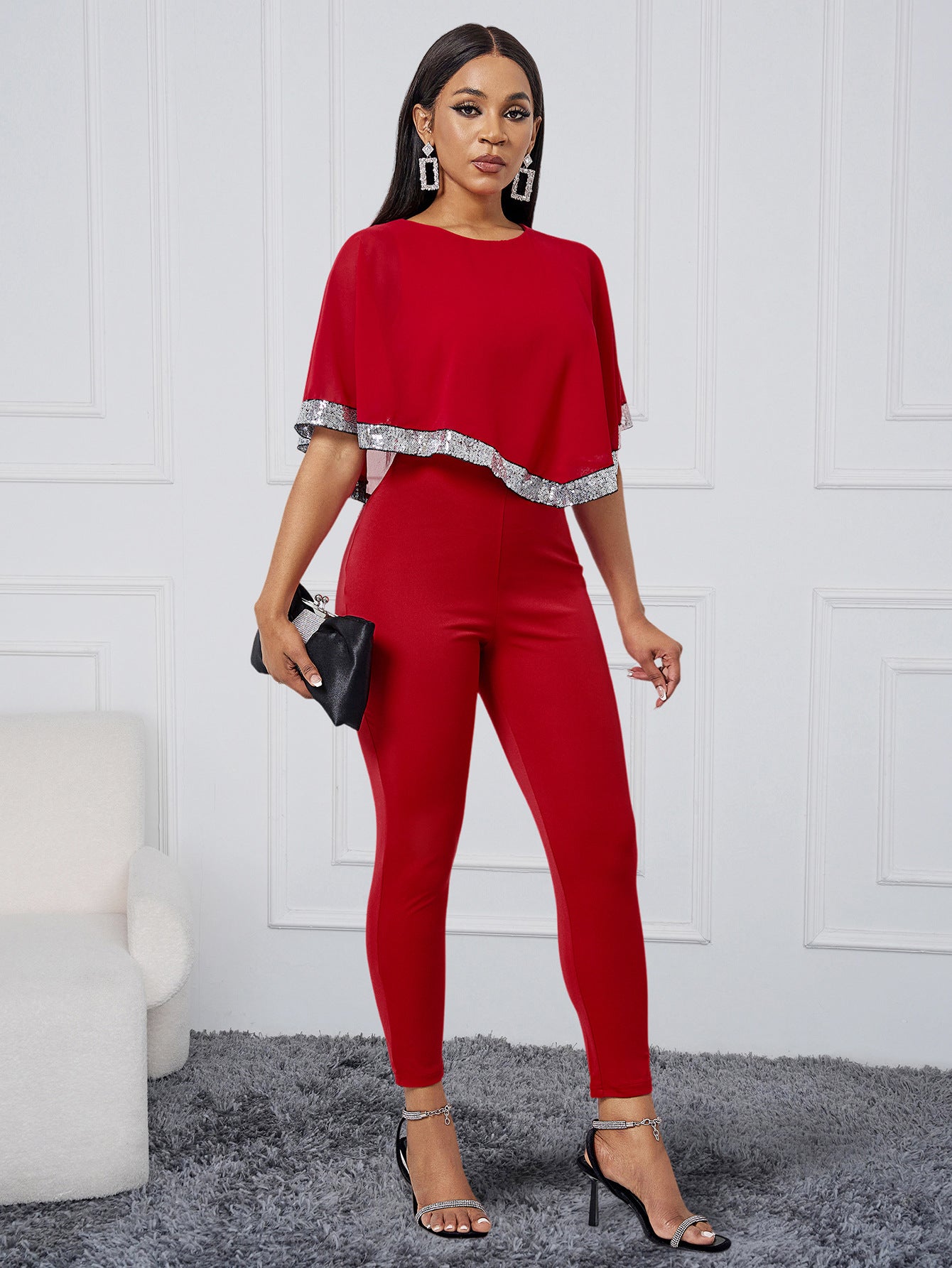 Women Clothing Arrival Fashionable Sequ Stitching Tight Jumpsuit Women Red Dress Women Slim Fit