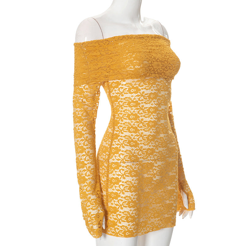 Women Autumn Sexy Collared off-Shoulder Long Sleeve Lace Slim Fit Dress