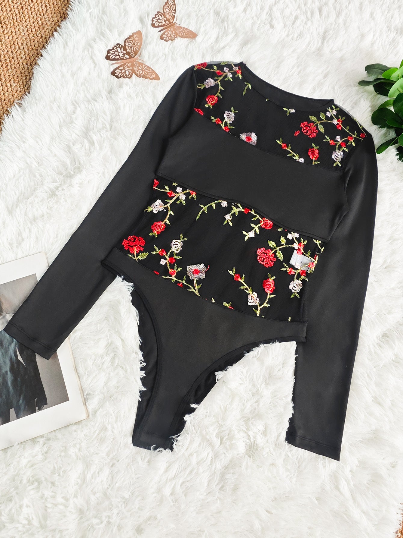 Sexy Mesh Transparent Embroidered Floral One Piece Long Sleeve Top All Match Jumpsuit