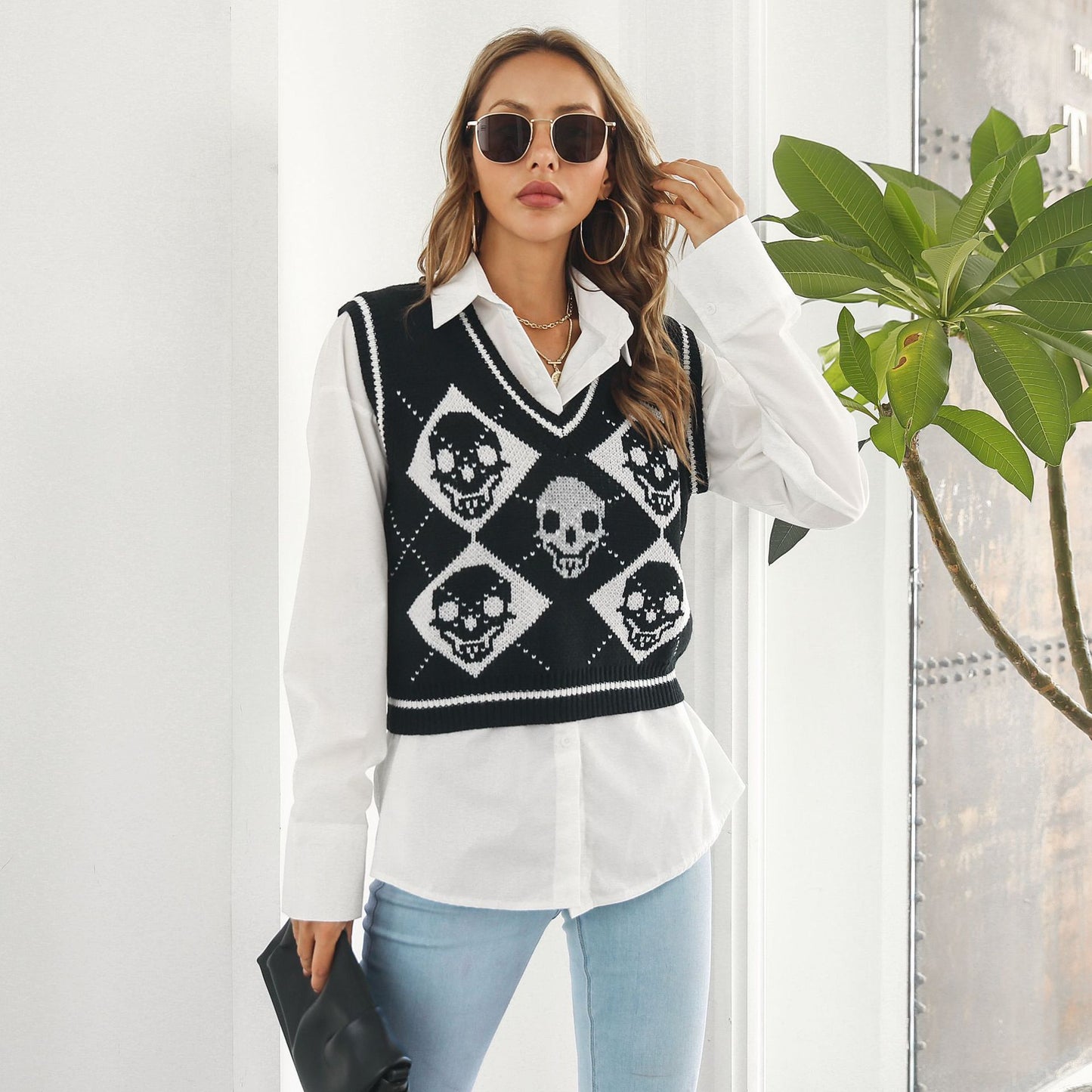 Halloween Skull Jacquard Rhombus Vest Sweater Women Vest Knitwear Autumn Winter