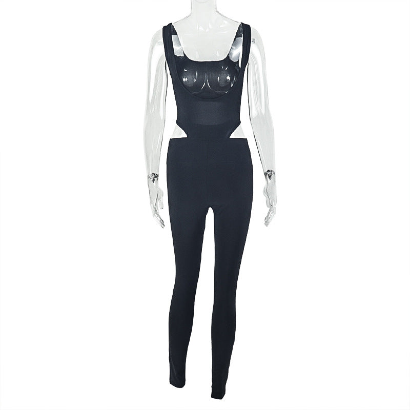 Sports Solid Color Women Clothing Sheath Sexy All Match Jumpsuit Hollow Out Cutout Backless Mid Waist Tight Jumpsuit